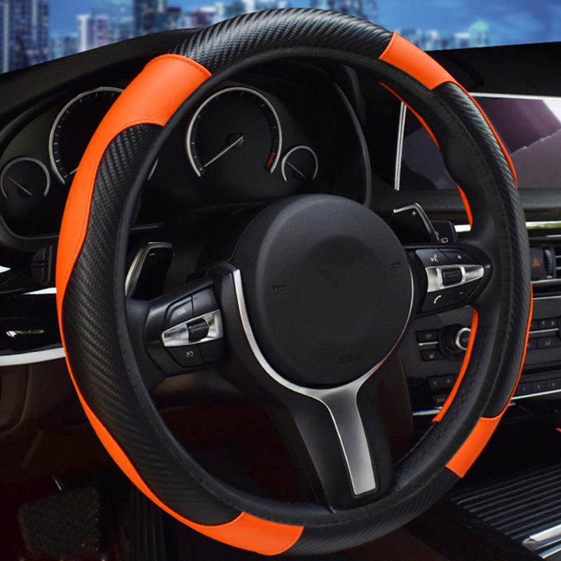 Car Steering Wheel Cover - Elastic, Lineless, Carbon Fiber Pattern Leather, All-Season Universal