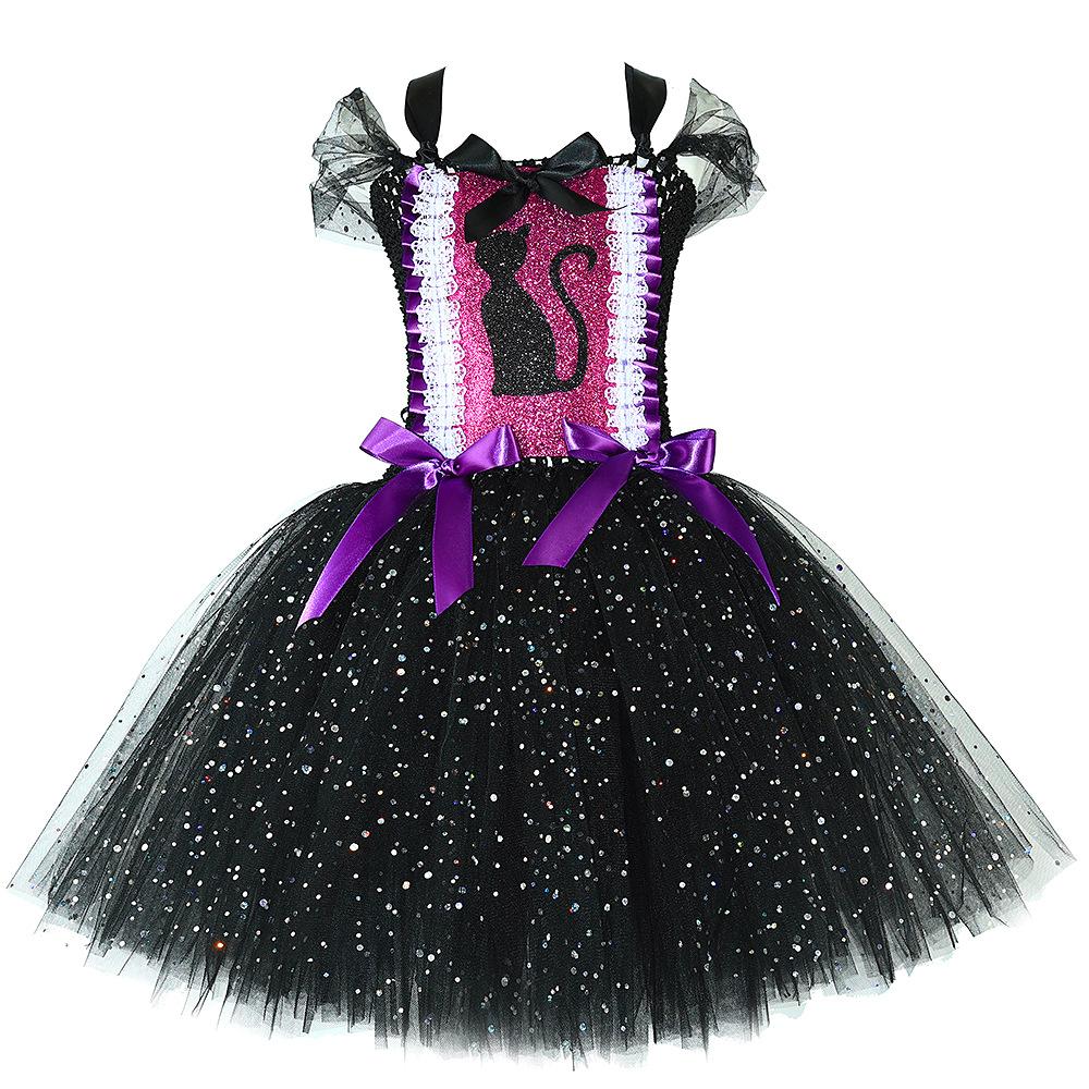 Блестящее черное платье-пачка для девочек, костюм животного на Хэллоуин с ушками и бантом для волос, детская балетная пачка «Мерцающая кошечка»