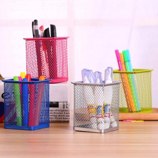 Round/Square Iron Mesh Pen Holder Office Desktop Pencil Stationery Box Case