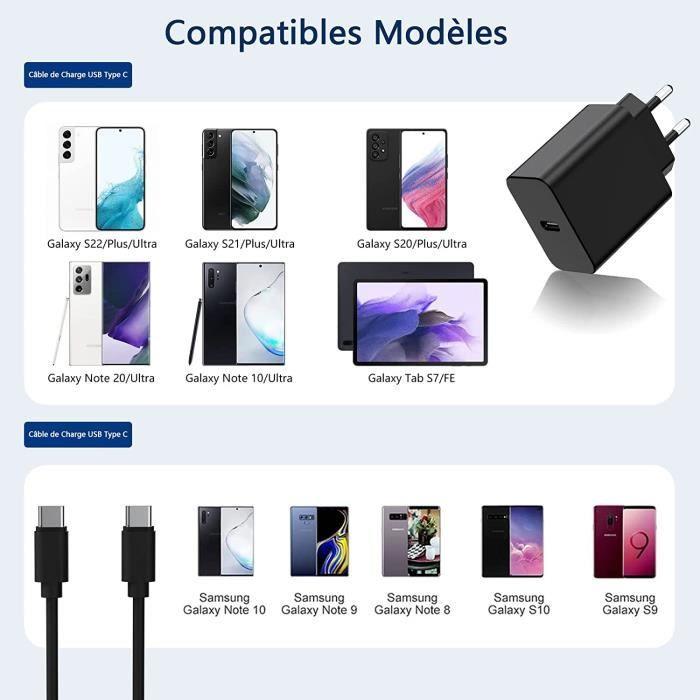 Chargeur Rapide 25W - Samsung - Adaptateur Secteur USB C - Power Delivery - 1,5 M - Noir