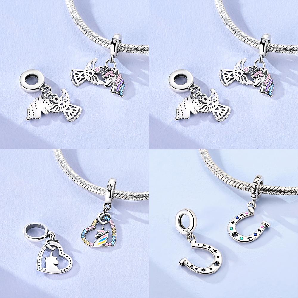 Pink Zircon Heart Colorful Unicorn Blue Moon Copper Charm Beads Fit Bracelet Jewelry Diy Women Accessory Gift