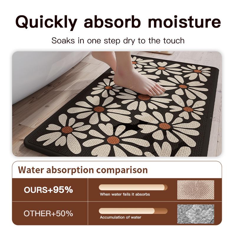 Linen Bath Mat Non-Slip Daisy Print - Quick Dry Absorbent Bathroom Rug with Rubber Backing, Machine Washable & Breathable Design