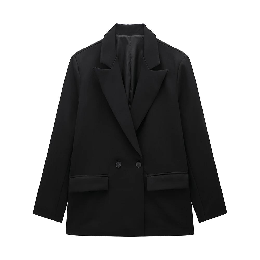 Женская мода с карманами, однотонный двубортный блейзер в винтажном стиле с длинными рукавами и вырезом на шее, женские офисные наряды для леди