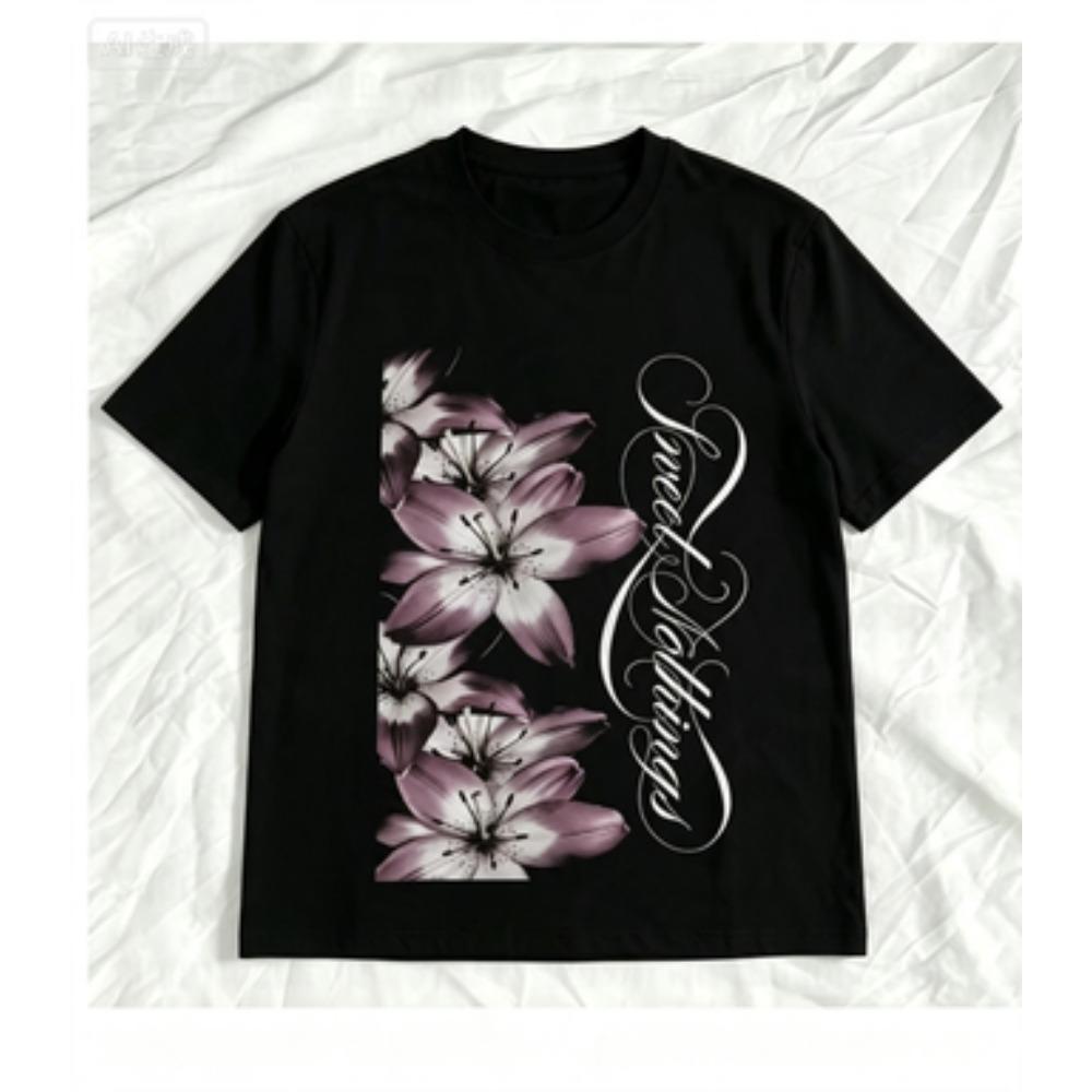 Unisex Y2k Black V Neck Slim T Shirt Purple Lily Floral Sweet Nothings Cursive Print Short Sleeve Casual Tops