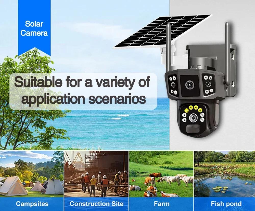 4K 8MP HD Dual Lens 4G SIM Solar Camera PTZ Auto Tracking Three Screens Outdoor Security Surveillance WIFI CCTV IP Cameras V380 APP