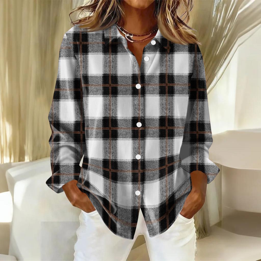 Женская рубашка-блузка с рождественским принтом и пуговицами, длинный рукав, повседневный базовый рубашечный воротник, обычный топ