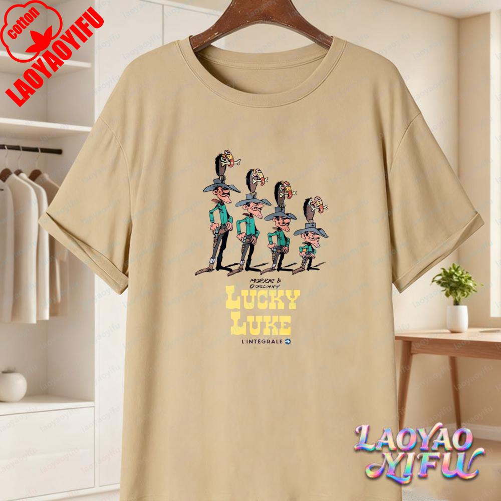 Lucky Luke Full Cast Print Casual Tops Playful Western Cartoon Cotton Tee Funny Vintage Classic Anime Shirt Trend Unisexs Clothing