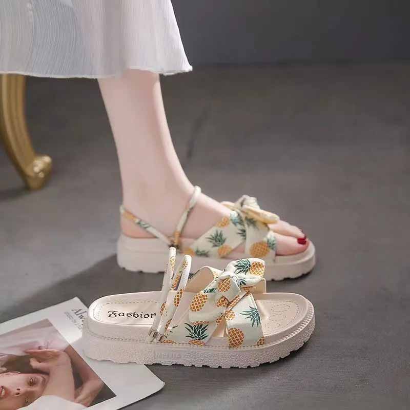 Мода 2024 года. Новые женские повседневные тапочки с принтом ананаса и клубники. Летние пляжные сандалии на толстой платформе с открытым носком и бабочкой
