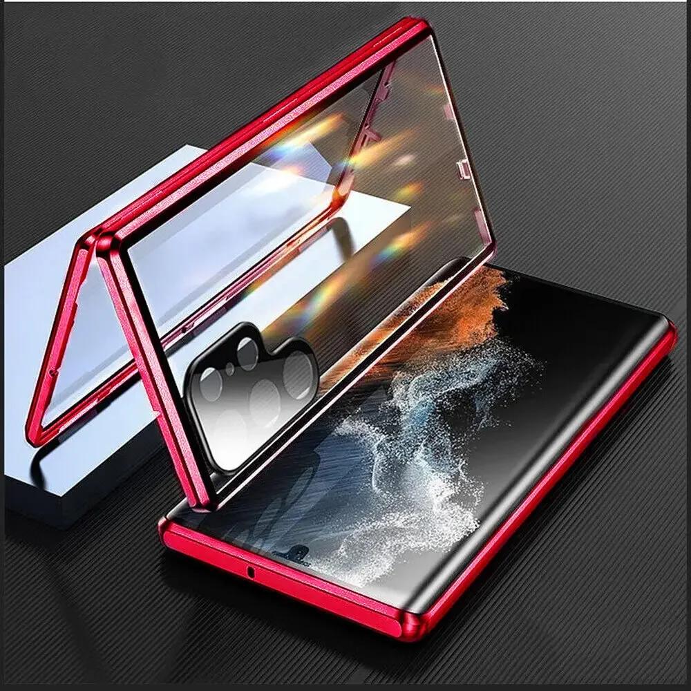 Двусторонняя металлическая магнитная чехол-книжка из закаленного стекла для Galaxy S26 S25 S24 S23 S22 S21 Ultra Plus Защитная крышка Нижний замок-защелка