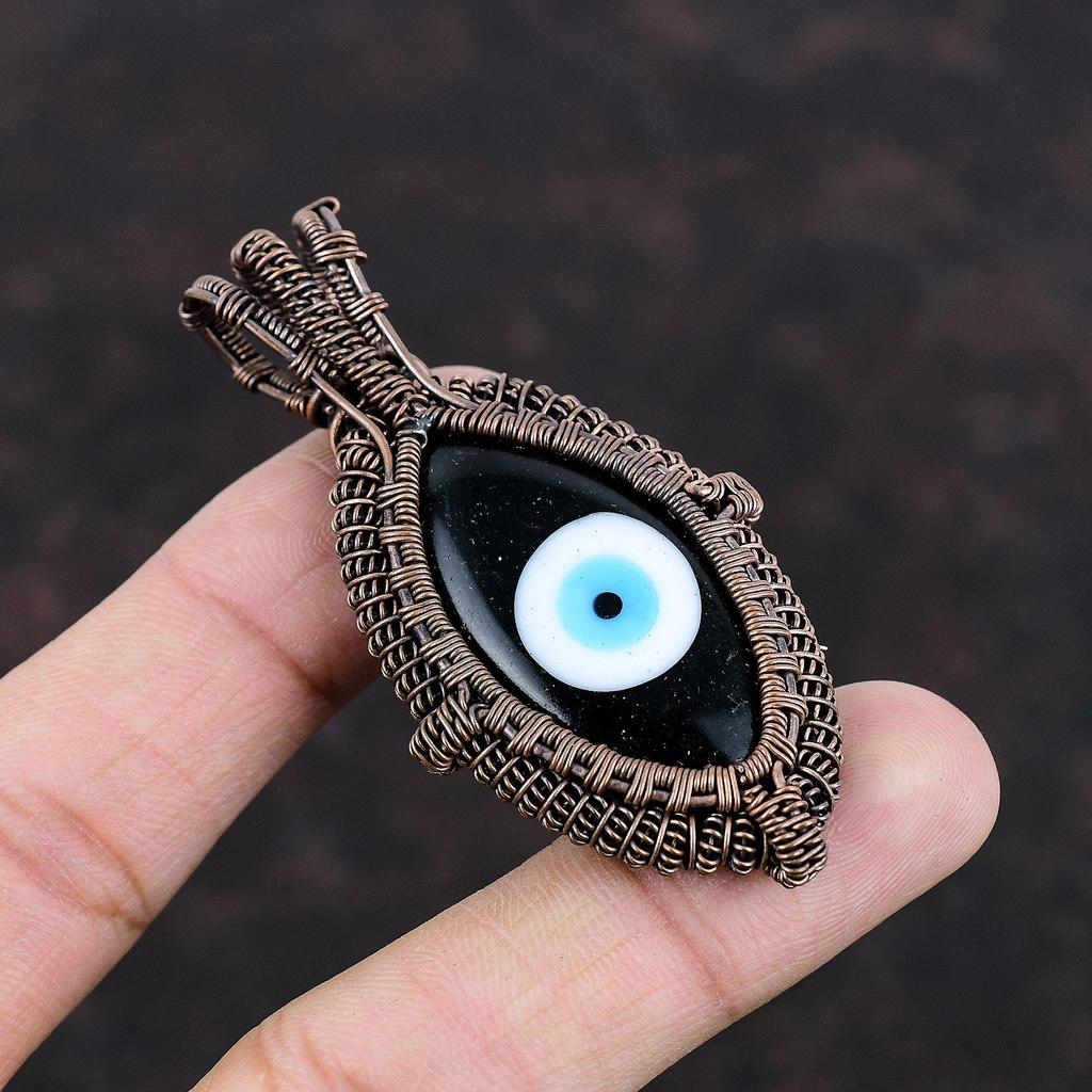 Подвеска с Глазом Фатимы черного цвета, обернутая медной проволокой, подвеска в уникальном стиле, обернутые проволокой драгоценные камни, медные украшения ручной работы для подарка