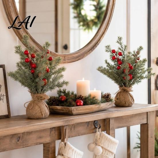 Small Christmas Gift Desktop Miniature Tree Artificial Mini Berries with Red Pine Burlap Plant for Home Base Tabletop Faux Potted Holiday