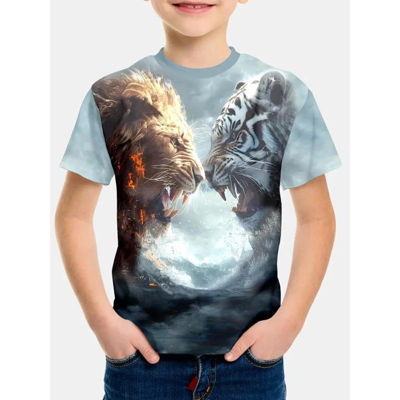 Детская футболка с 3D-принтом Детская одежда для мальчиков Летний отдых Футболка с короткими рукавами с 3D-принтом Животное Тигр Футболка
