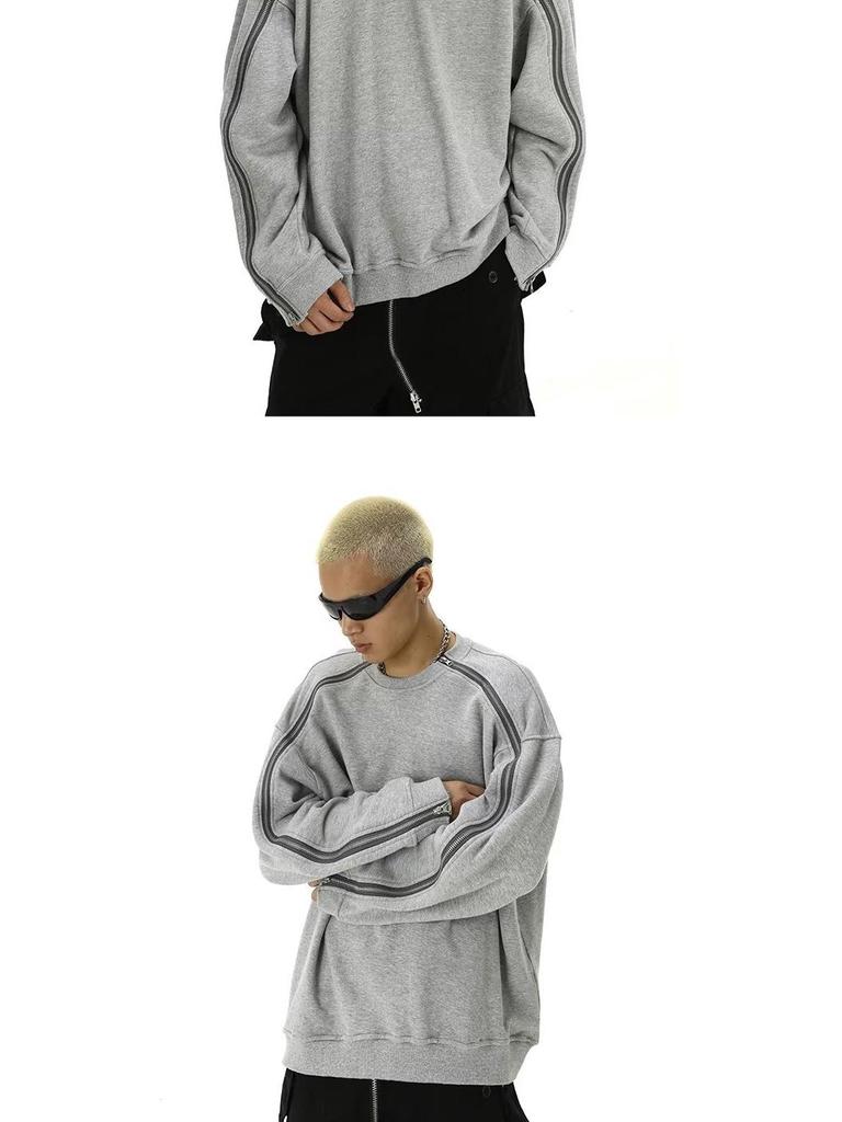 Мужская серая толстовка большого веса с круглым вырезом, двусторонней молнией, пэчворком и дизайном со спущенной линией плеча