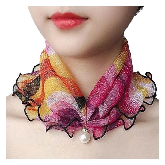 Faux Silk Scarf Lightweight Mesh Soft Shiny Touch Edge-covered Design Scarf with Faux Pearl Decor Neck Decoration