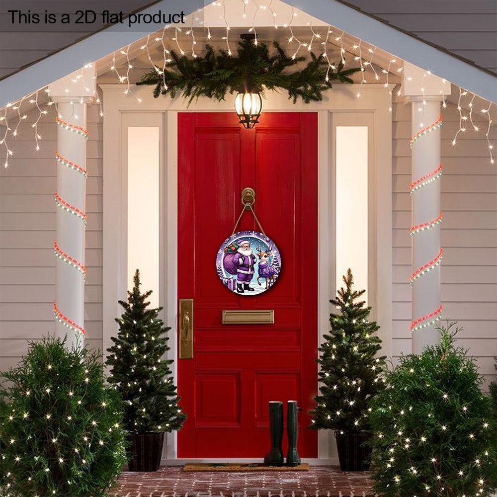 Фиолетовая Рождественская Деревянная Табличка с Узором Санта-Клауса и Лося, Зимняя Рождественская Круглая Табличка для Декора Входной Двери, Идеальный Рождественский Подарок