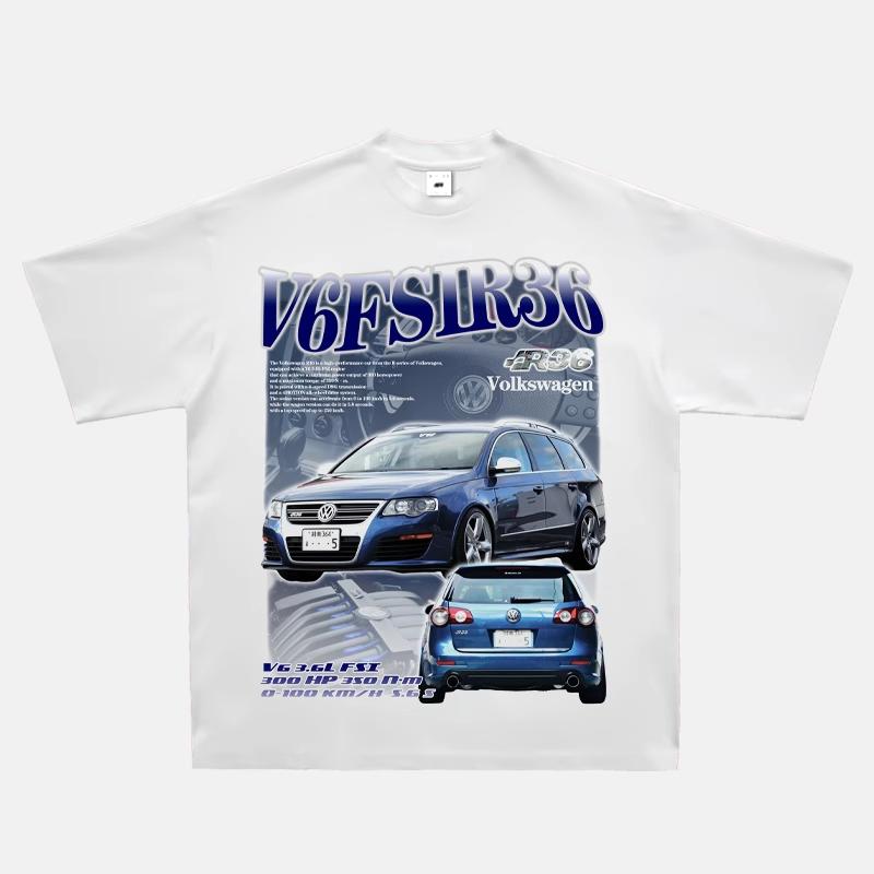 2024 RWB Car Black and White Short Sleeve JDM Car Culture T-shirt Hip Hop American Small Neckline Hiphop Top Vintage