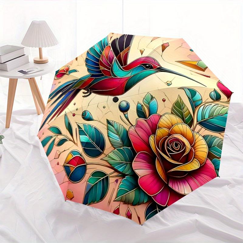 1pc Stained Glass Hummingbird Theme Automatic, Cute Cartoon Pattern, Portable Outdoor Umbrella, Perfect, Holiday Gift for fans.A082