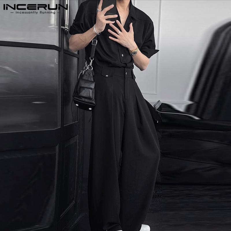 INCERUN 2PCS Men Outfits Lapel Neck Short Sleeve Buttons Shirt Long Straight Pants Sets