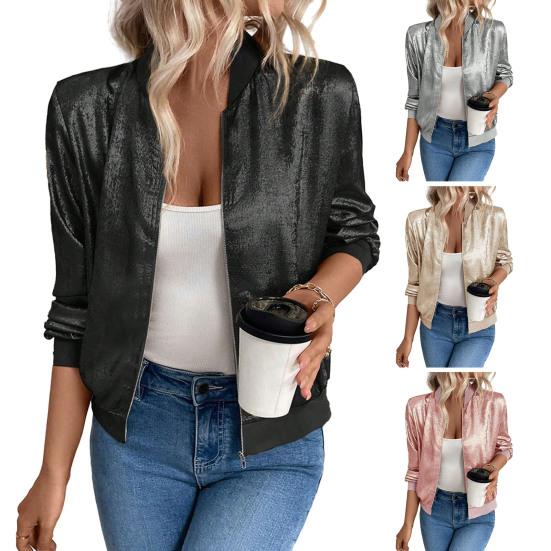Women's Sequin Short Jackets Long Sleeve Shiny Cropped Coat Lightweight Zipper Metallic Jacket Glitter Party Disco Outfit