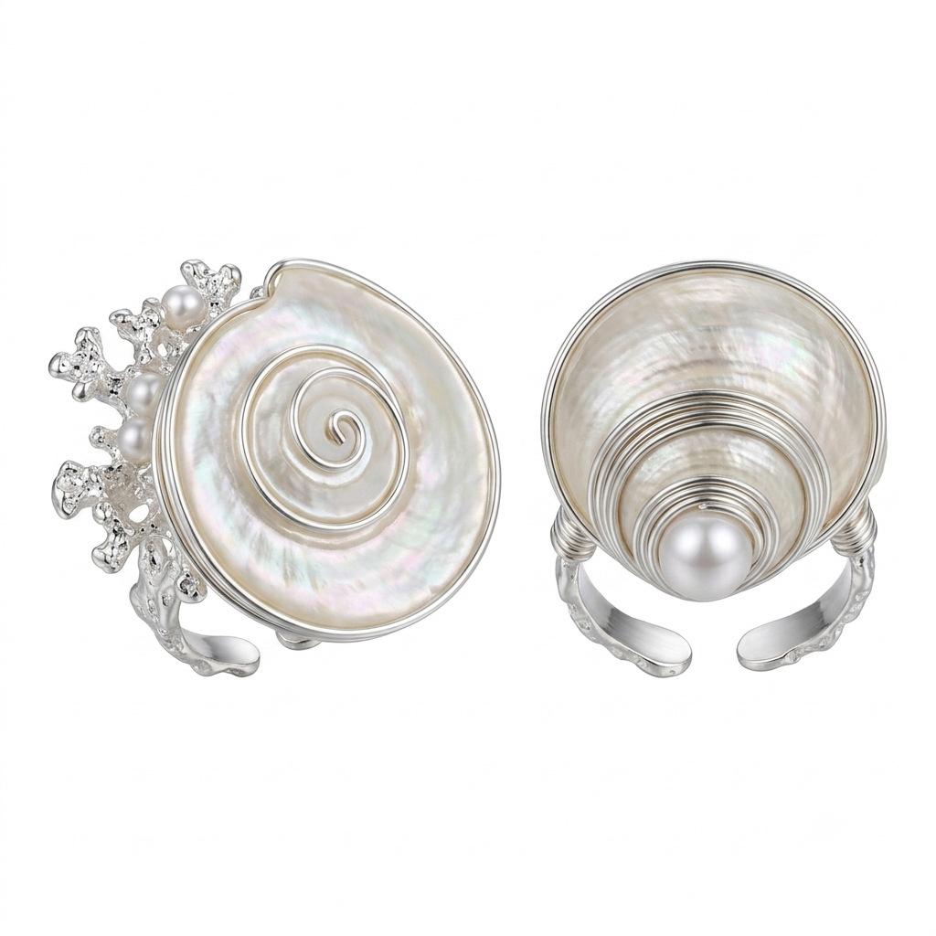 Bohemian-style handmade ring featuring natural seashells High-end, vintage-style ocean-themed oversized conch shell stacking rings
