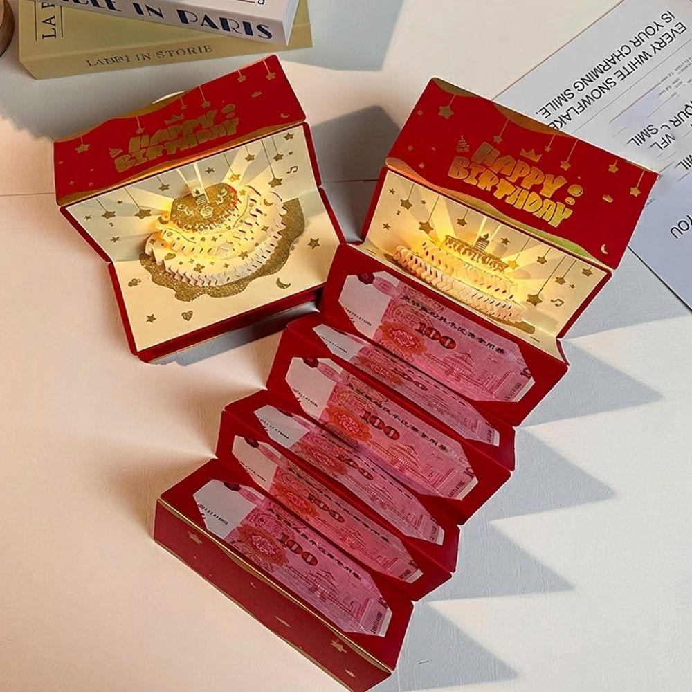 3D Pop-Up День Рождения Красный Конверт Поздравительная Открытка Складывающаяся Золотой Новый Год Денежный Красный Конверт 6 Отделений для Карт Красный