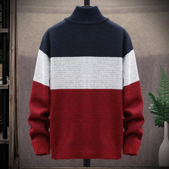 Men Autumn Winter Sweater Coat Stand Collar Thick Plush Color Matching Knitted Elastic