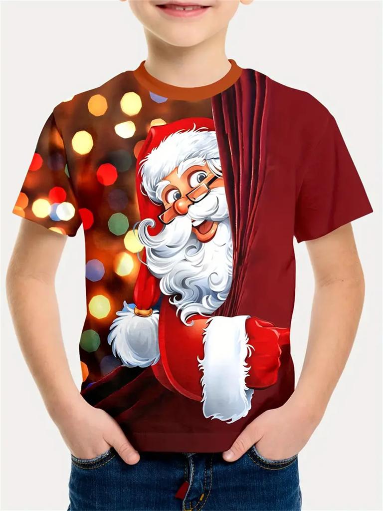 Рождественская одежда 2025 года Футболки для мальчиков и девочек Новогодние футболки Повседневная детская одежда с принтом Санта-Клауса Футболка