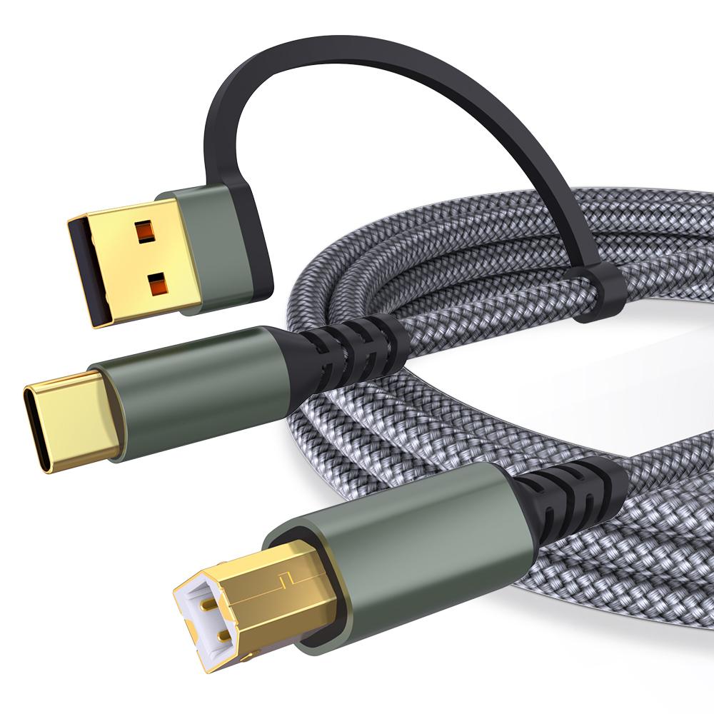 2m USB/Type-C to Square USB Type-B 2 in 1 Printer Cable Braided Printing Connection Cord