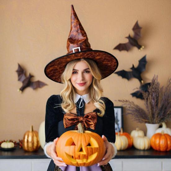 Halloween Witch Hat Vintage Faux Leather Wizard Hat with Buckle Halloween Cosplay Party Costume for Men Women