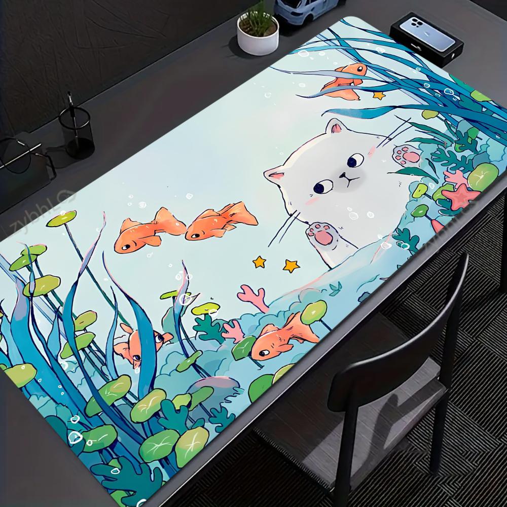 Cute Cat And Fish Mouse Pad Large Gaming Accessory XXL Game Rubber Desk Mat HD Non-Slip Computer Keyboard Laptop Long Mousepad