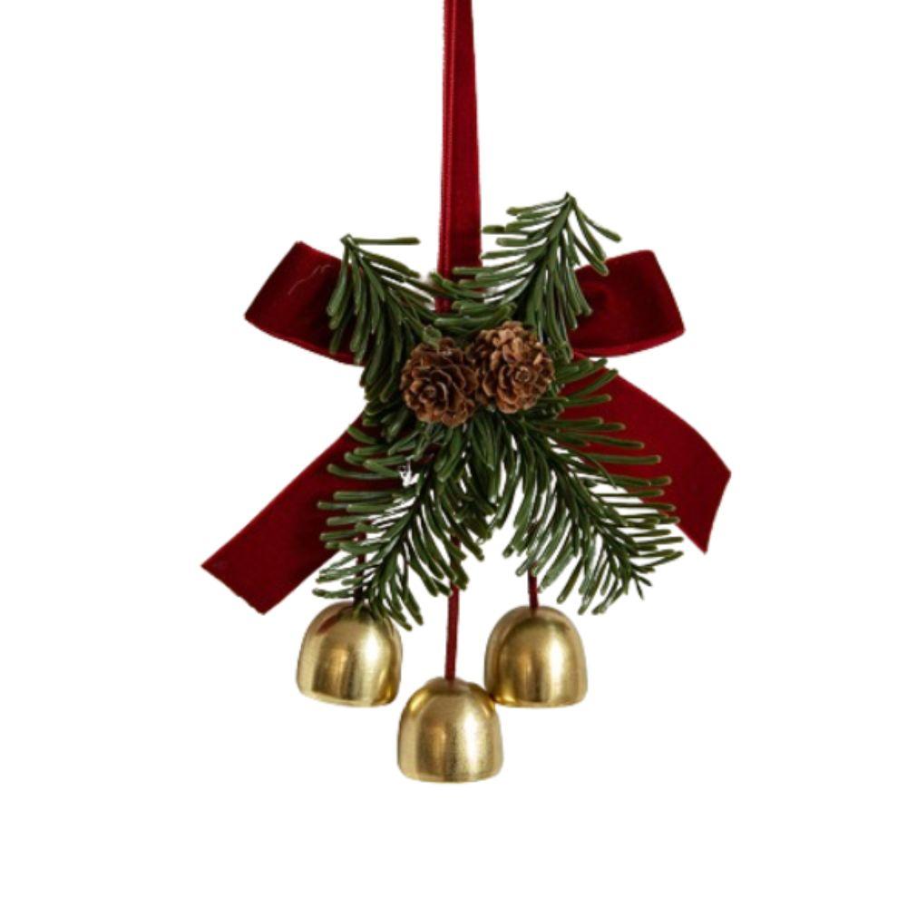 Red Christmas Velvet Bow Bell Metal Hanging Christmas Chime Bell Crisp Sound Festive Pine Cone Bell Pendant Xmas Decor