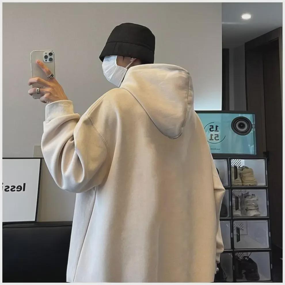 Мужской свободный замшевый свитер с капюшоном — однотонный, с длинными рукавами, спортивный, модный, на весну и осень.