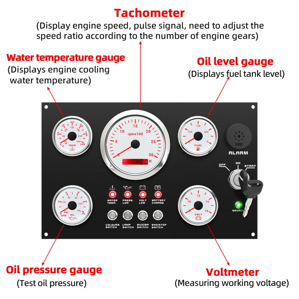 5 Gauge Set Instrument Dash Panel 85mm Tachometer +52mm Fuel Level Gauge Oil Pressure Meter Water Temp Voltmeter for 12V Custom