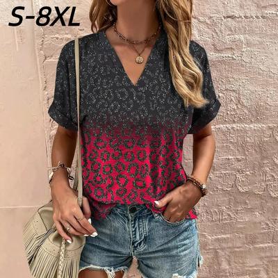 S-8XL Плюс Размер Женская Футболка с V-образным вырезом Летняя мода Топы с коротким рукавом Футболки Повседневная Свободная Женская Оверсайз Пуловер Одежда
