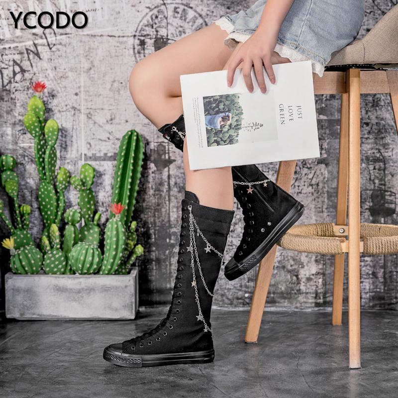 Spring Autumn Women Boots Canvas Mid Calf Boots Casual High Top Shoes Long Boots Lace Up Zipper Comfortable Flat Boots Size 34-43