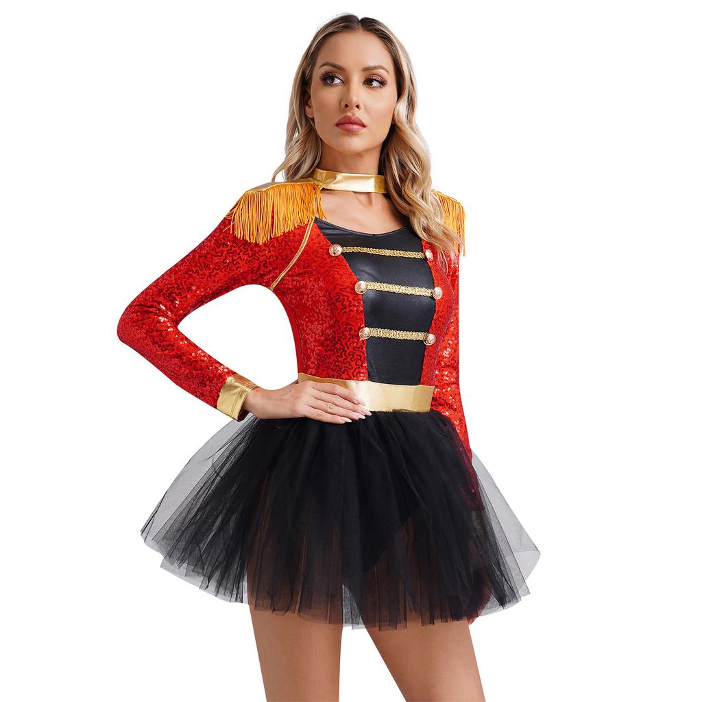 Womens Circus Ringmaster Tutu Dress Long Sleeve Tassel Shoulder Sequins Tulle Skirt Halloween Cosplay Costume