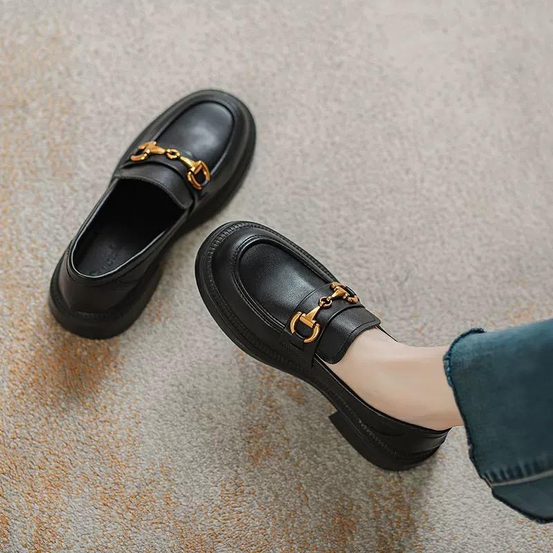 One foot classic buckle JK women's single shoes black leather shoes Le Fu shoes