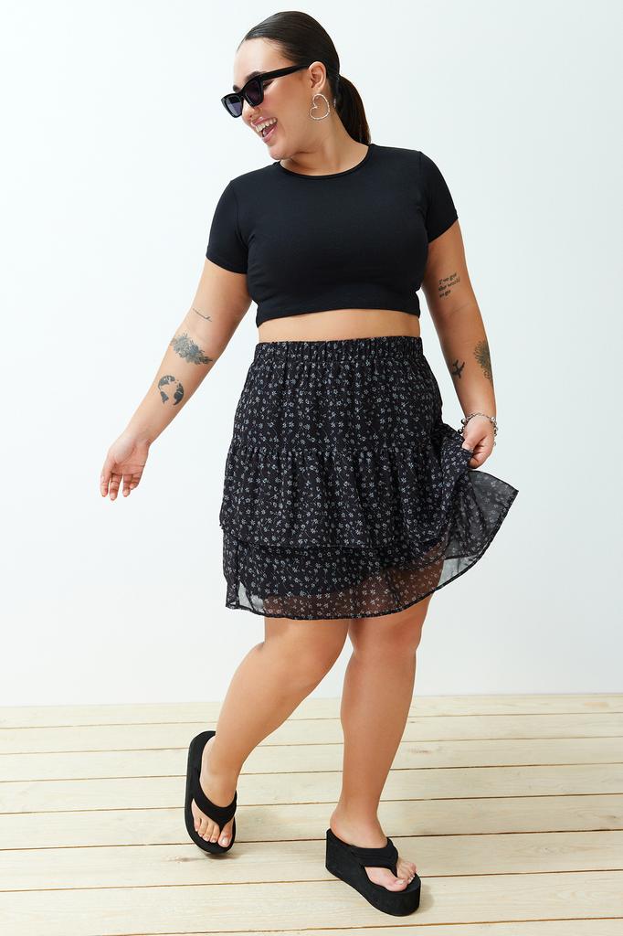 Women's Fashion New Plus Big Size Skirt Black Floral Skirt Ruffle Mini Woven Skirt