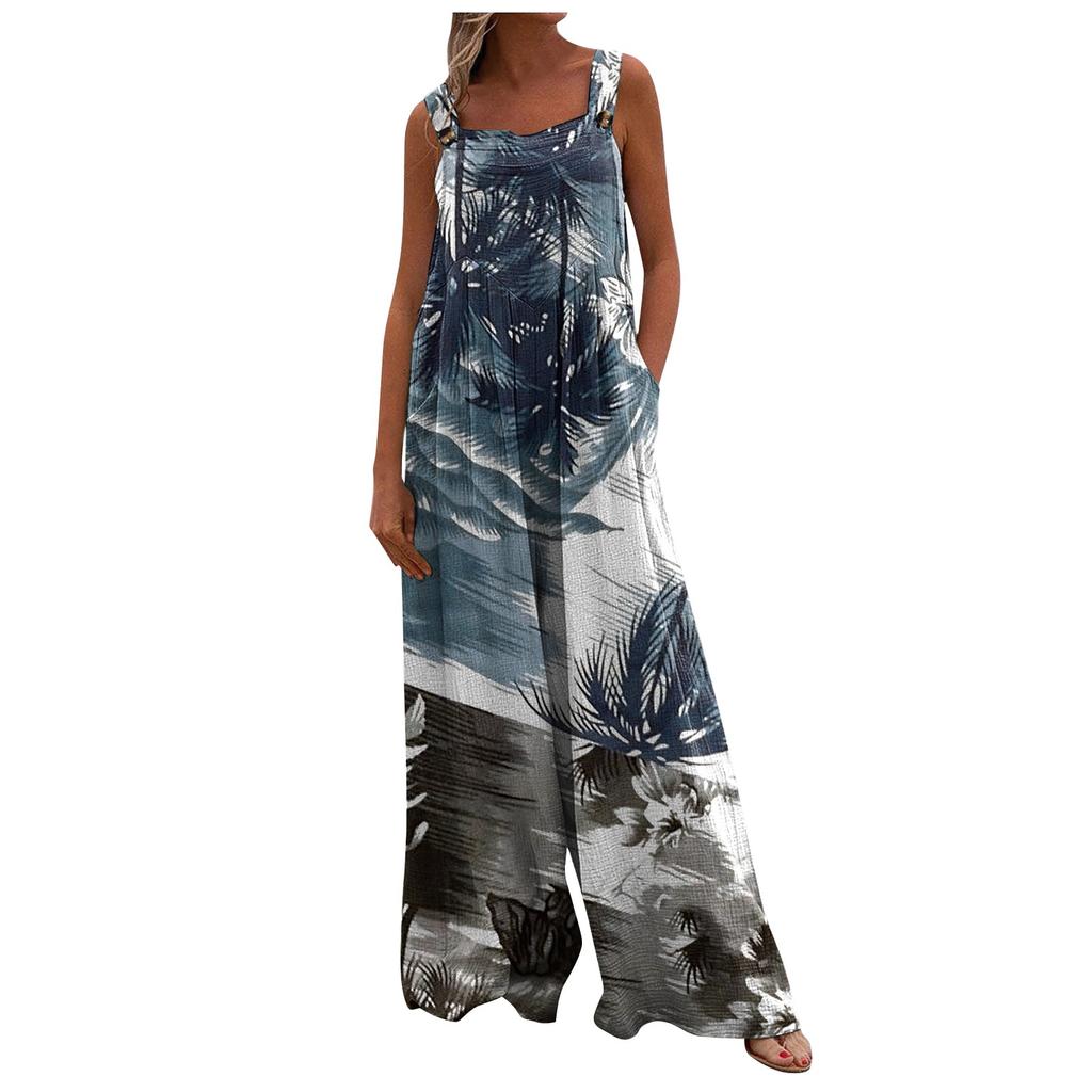 Женский повседневный свободный комбинезон без рукавов с принтом, комбинезон с квадратным вырезом, широкими штанинами и карманами