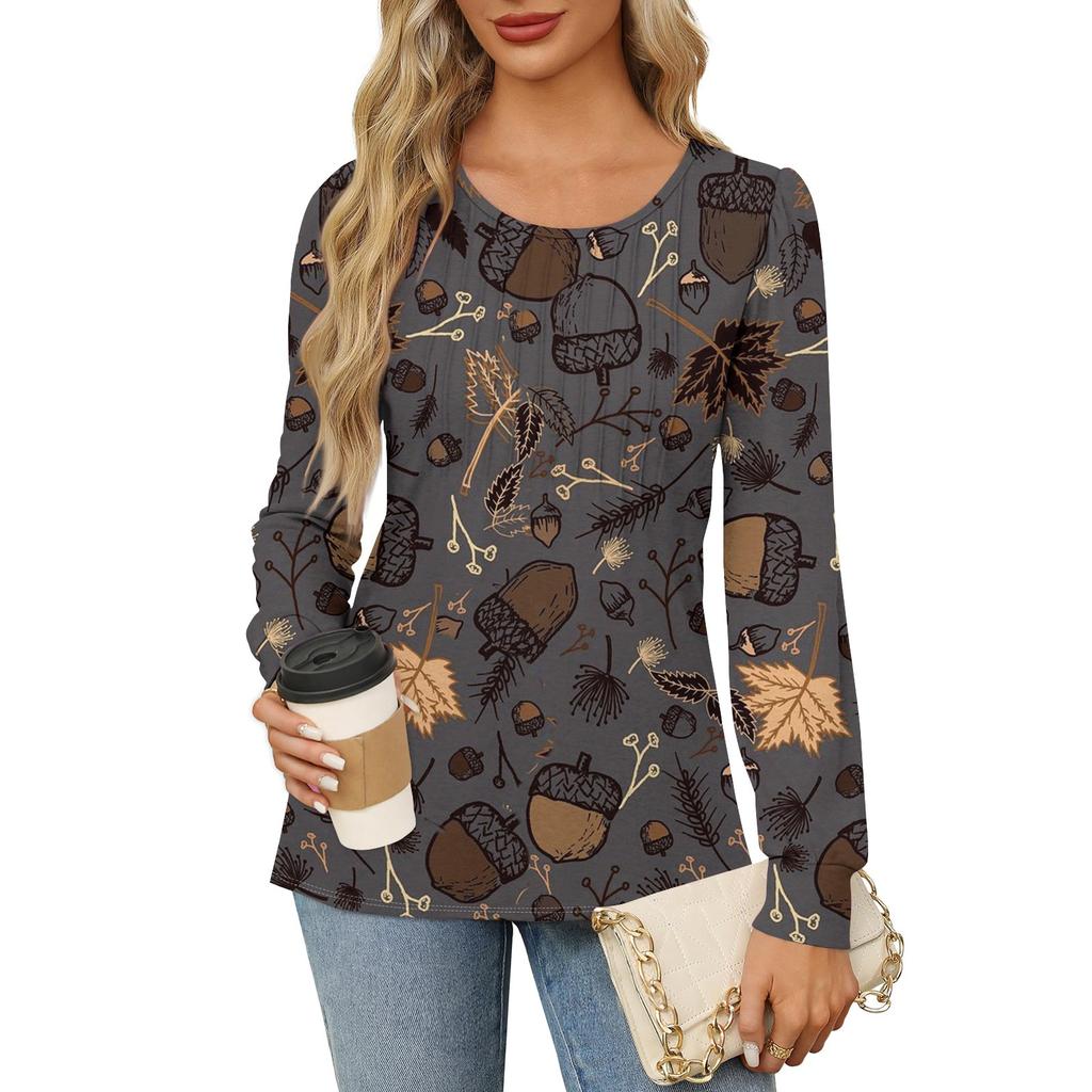 Long Sleeve Shirts For Women Cute Print Graphic Tees Blouses Dressy Casual Blouses Pleated Scooped Neck Tunic Tops Halloween