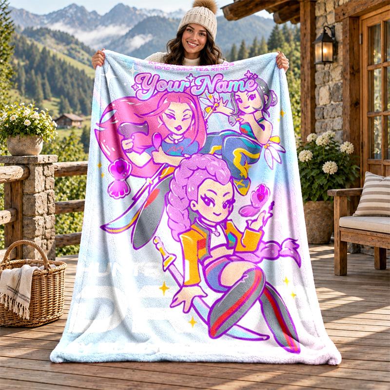 Kpop demon hunters Custom Name Flannel Blanket Personalized Soft Warm Plush Throw Blanket Customized Gift for Family Friends