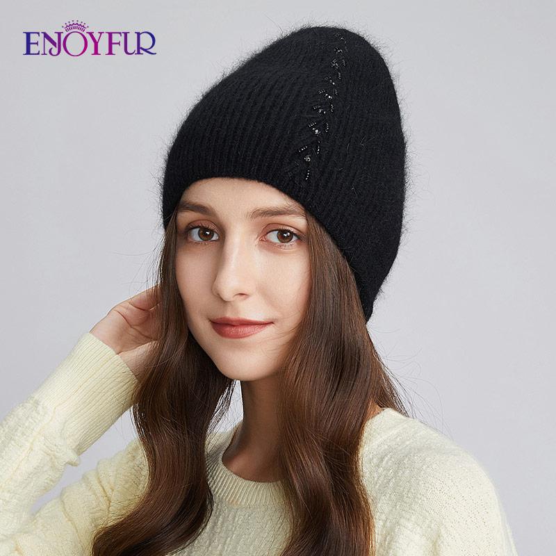 Мягкая шапка ENJOYFUR, теплые зимние женские шапки, мягкая ангорская шерсть, вязаная шапка-бини, толстая двойная подкладка, повседневные шапки в русском стиле с черепом