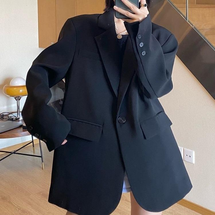 Black Suit Jacket for Women with Unique Korean Design Chic Loose Casual Slimming Autumn Spring Small Suit Top