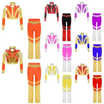 Костюм для гимнастики для девочек с длинным рукавом, блестящий топ, стразы, цветной блок, перекрещенная спинка, расклешенные брюки