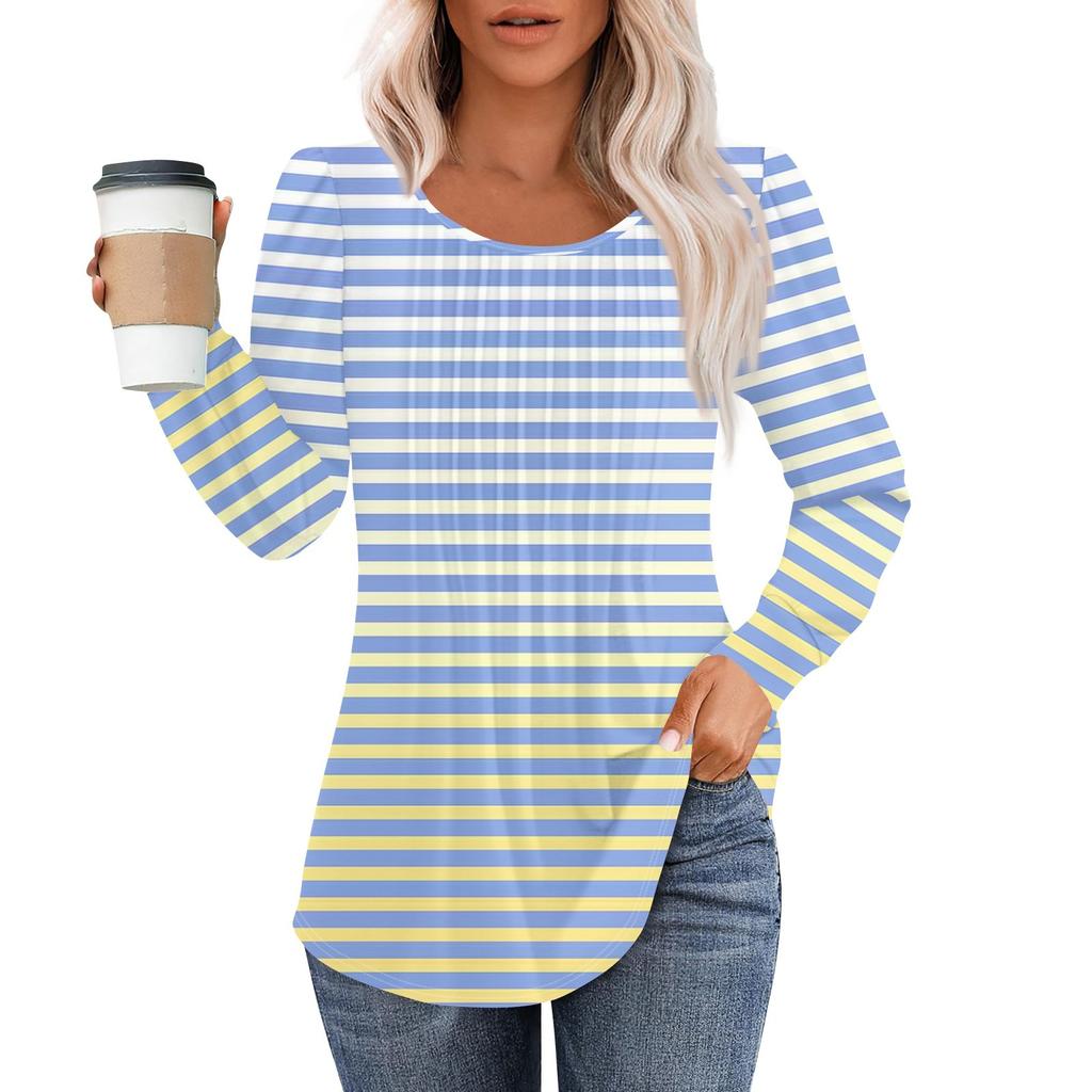 Рубашки с длинным рукавом для женщин, топы, нарядные повседневные блузки, плиссированные топы-туники с круглым вырезом