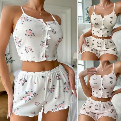 Женский пижамный комплект из 2 предметов с принтом, без рукавов, топ на бретельках и шорты