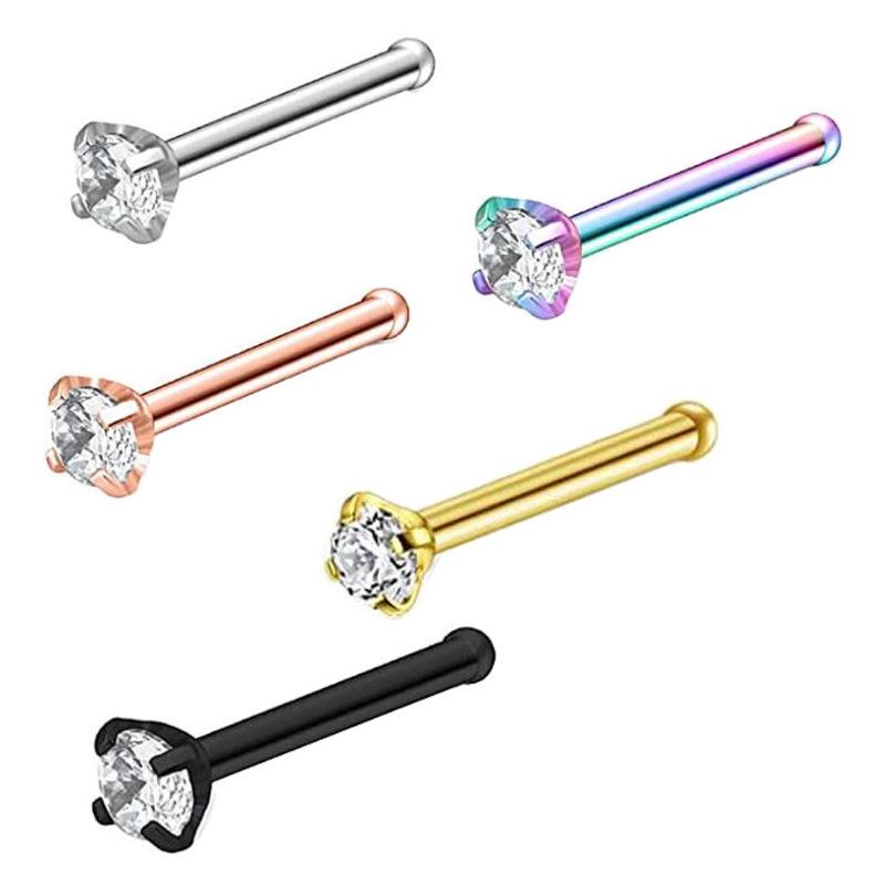 Stainless Steel Nose & Ear Stud Set: Mini Zircon, Straight & Curved Bars