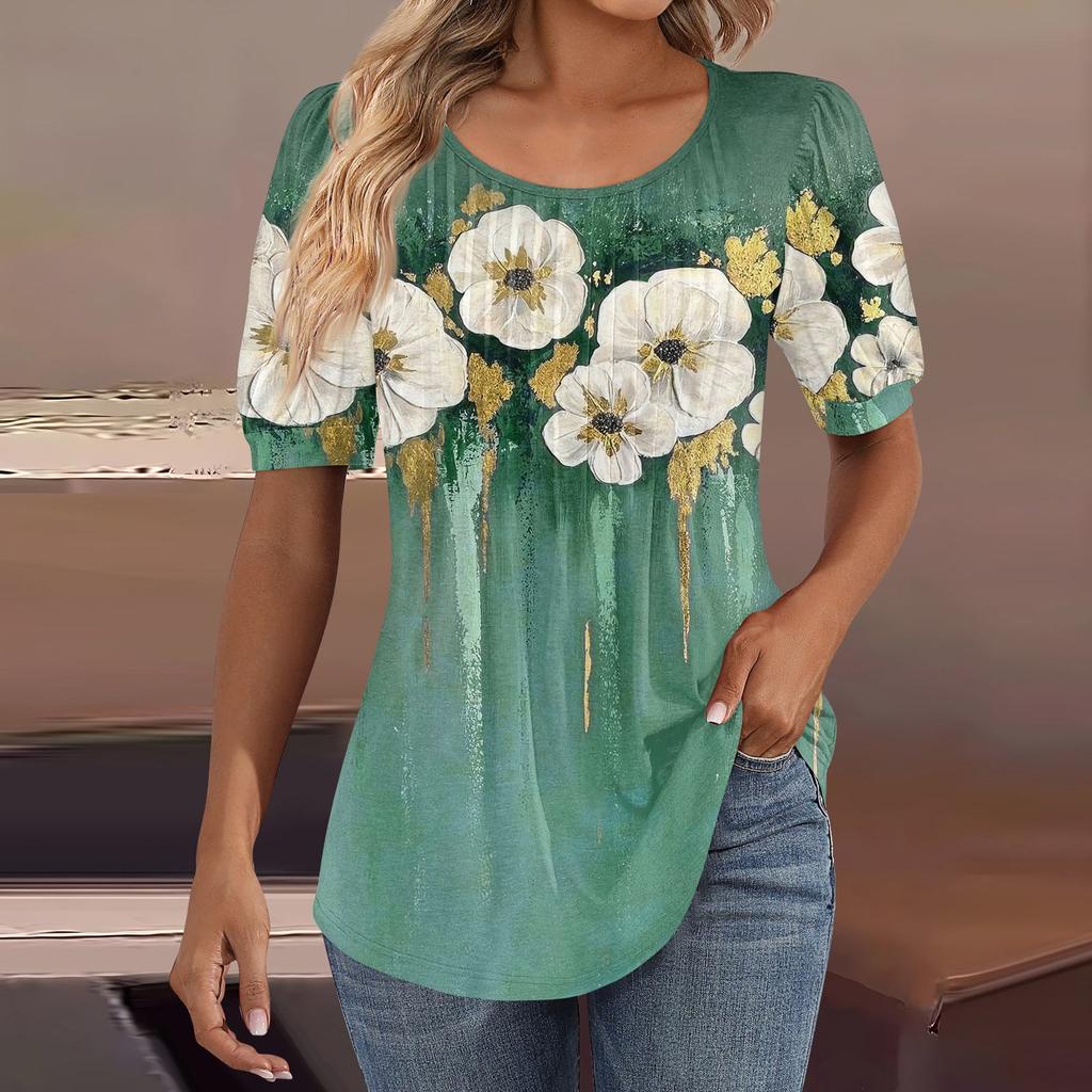 Женские пышные туники с короткими рукавами, топы, плиссированные блузки с воротником, повседневные свободные весенне-летние футболки