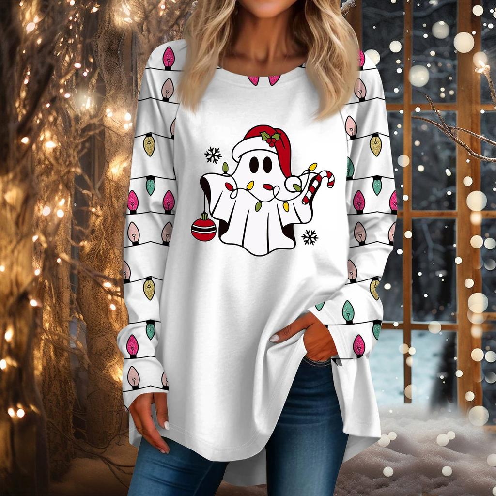 Женская повседневная футболка больших размеров с длинными рукавами и круглым вырезом с рождественским принтом, топ, пуловер