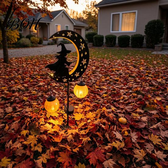 Spooky Pathway Markers for Parties Solar Halloween Witch Pumpkin Moon Garden Stake Light, Waterproof on Crescent Lights with Lantern, Outdoor LED Yard